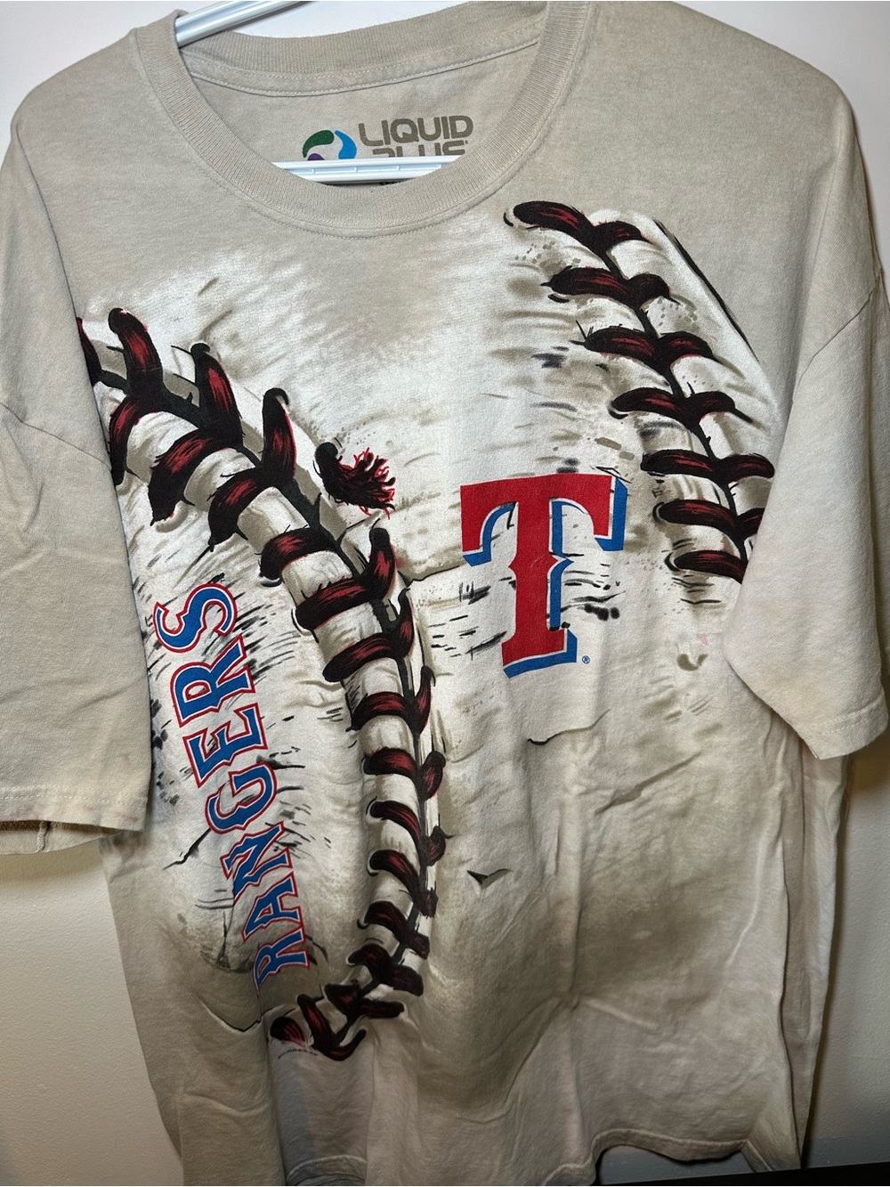 Liquid Blue Texas Rangers Baseball Graphic Tee - Beige with Red & Blue XL